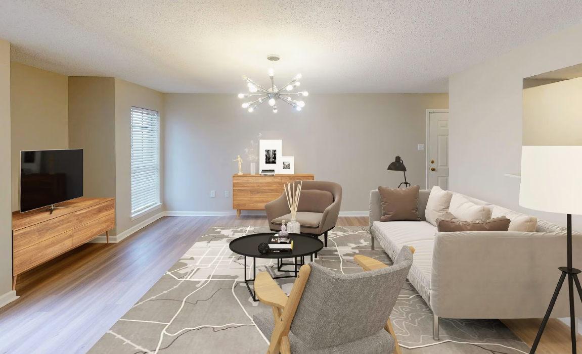 Chateau Carmel apartment living room with modern furniture in New Orleans