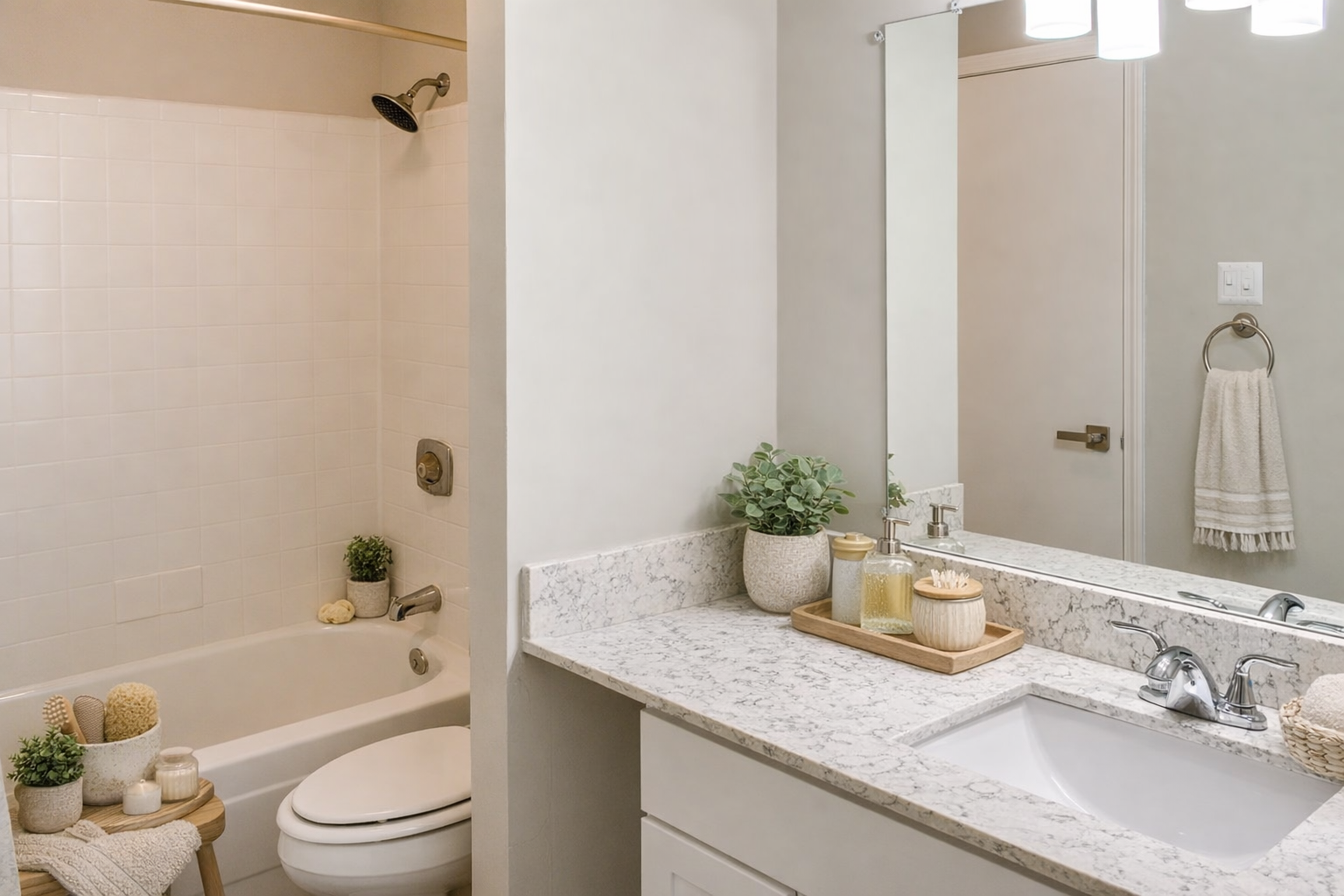 Full bathroom with tub, mirror vanity, and greenery at Chateau Carmel Apartments in New Orleans, LA