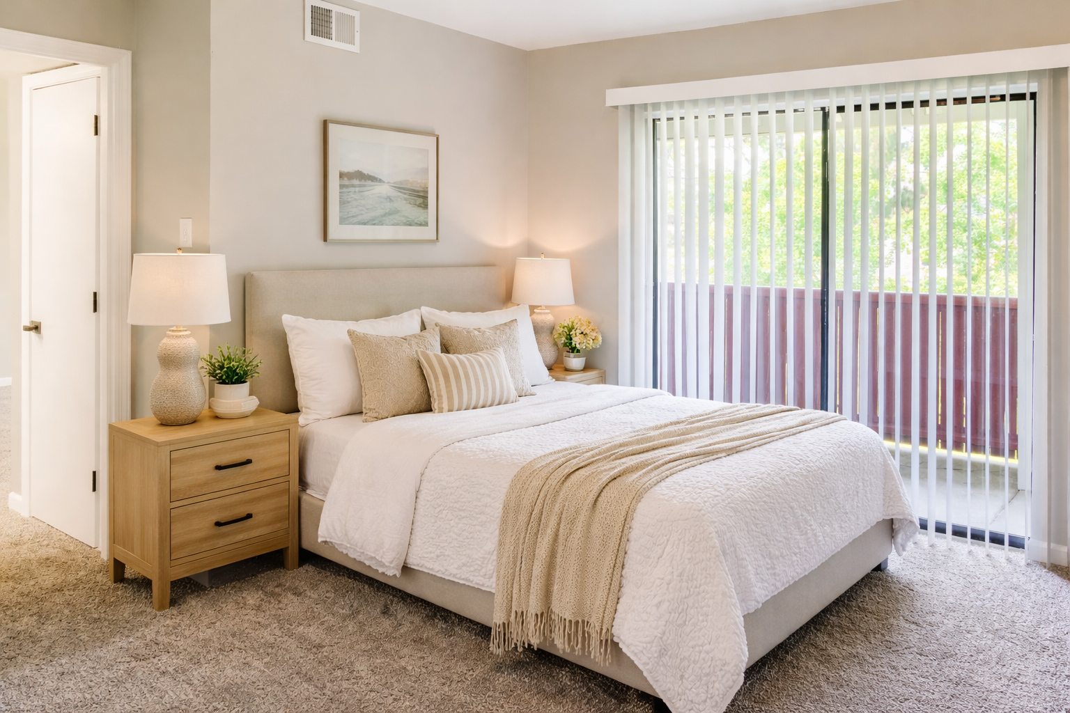 Cozy bedroom with upholstered headboard and warm neutral décor at Chateau Carmel Apartments in New Orleans, LA