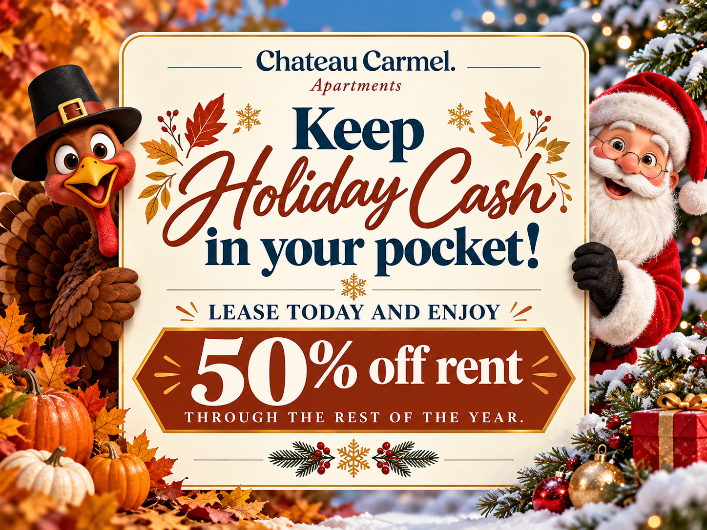 Keep Holiday Cash in your pocket! 
Lease today and Enjoy
50% off rent through the rest of the year. 